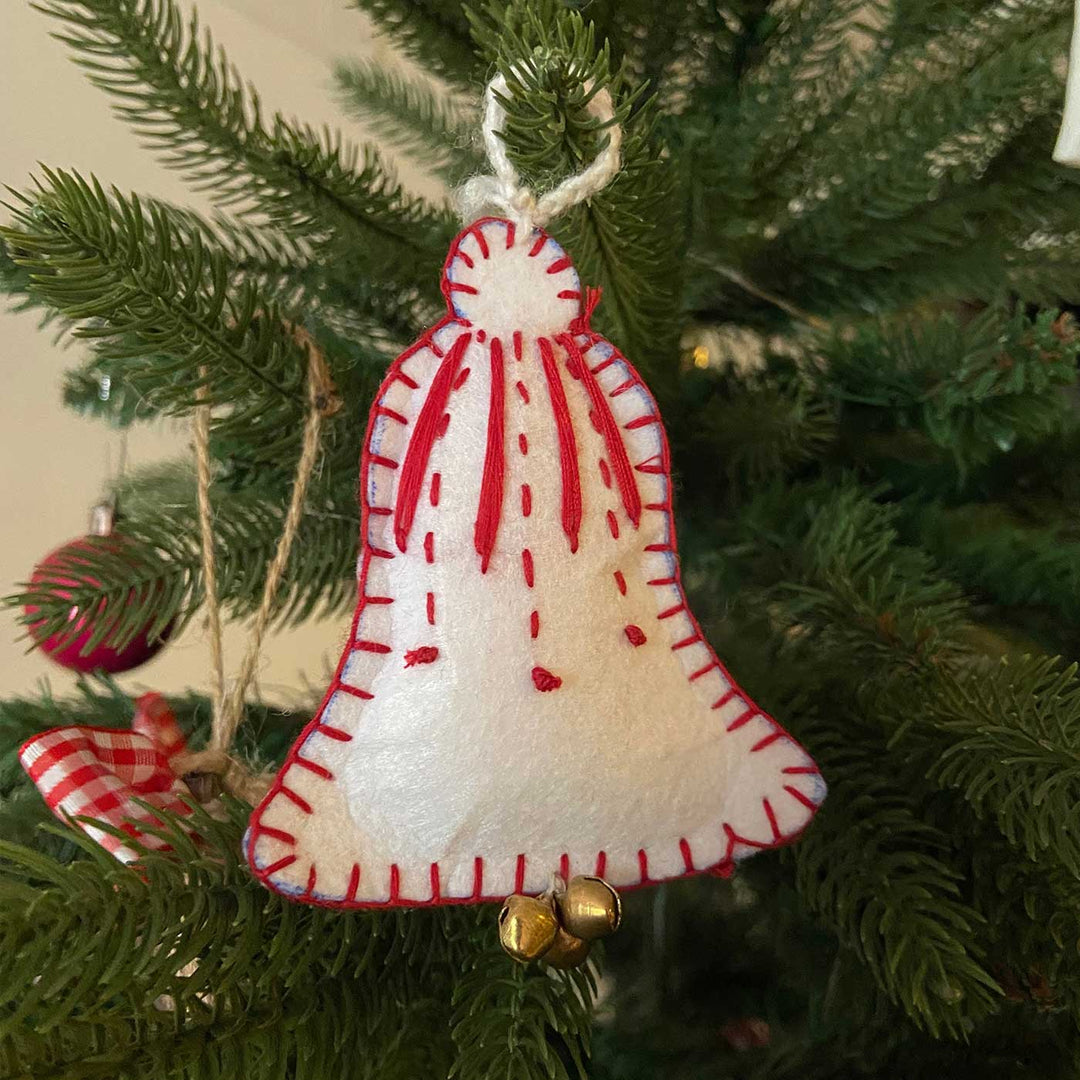 Handmade White Felt Ornament With Bell For Christmas Tree Decoration | Set Of 2