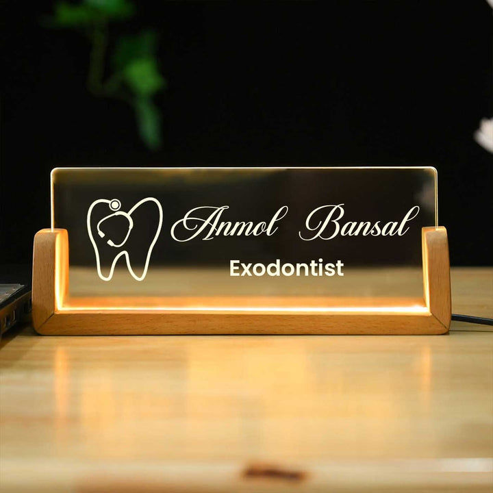 Personalized Dentist Sleek Glass Desk Nameplate With LED Light