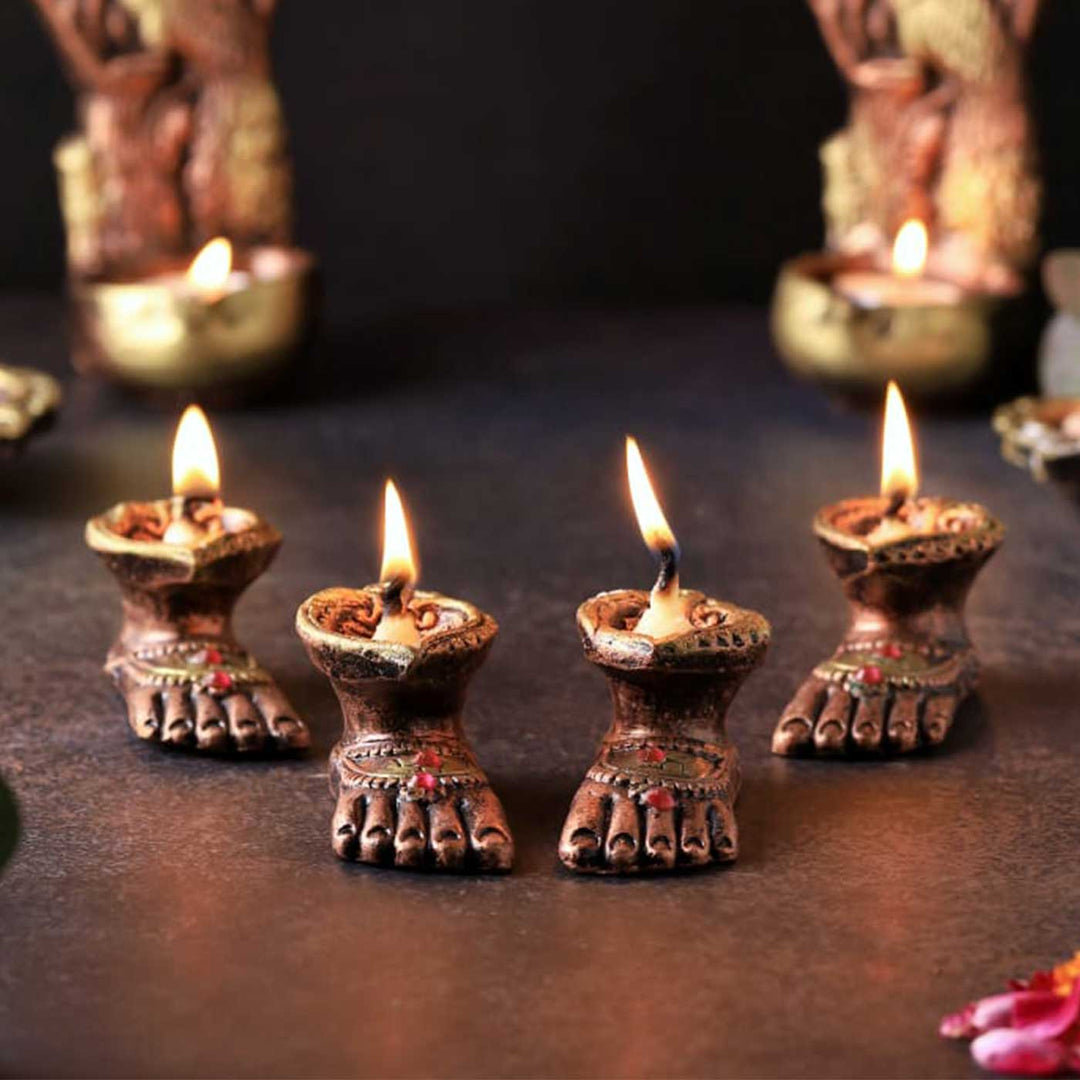 Handmade Laxmi Charan Paduka Terracotta Oil Lamp / Diya | Set of 4