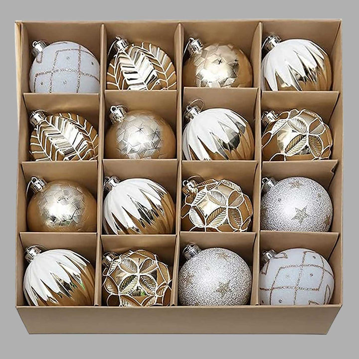 Gold & Silver Icing Theme Shimmer Set Christmas Ball Ornaments For Decoration | Set of 16