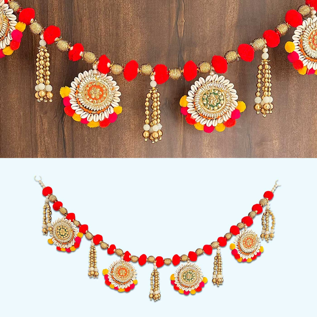 Handmade Red Pom Pom Toran With Decorative Shell Bangles