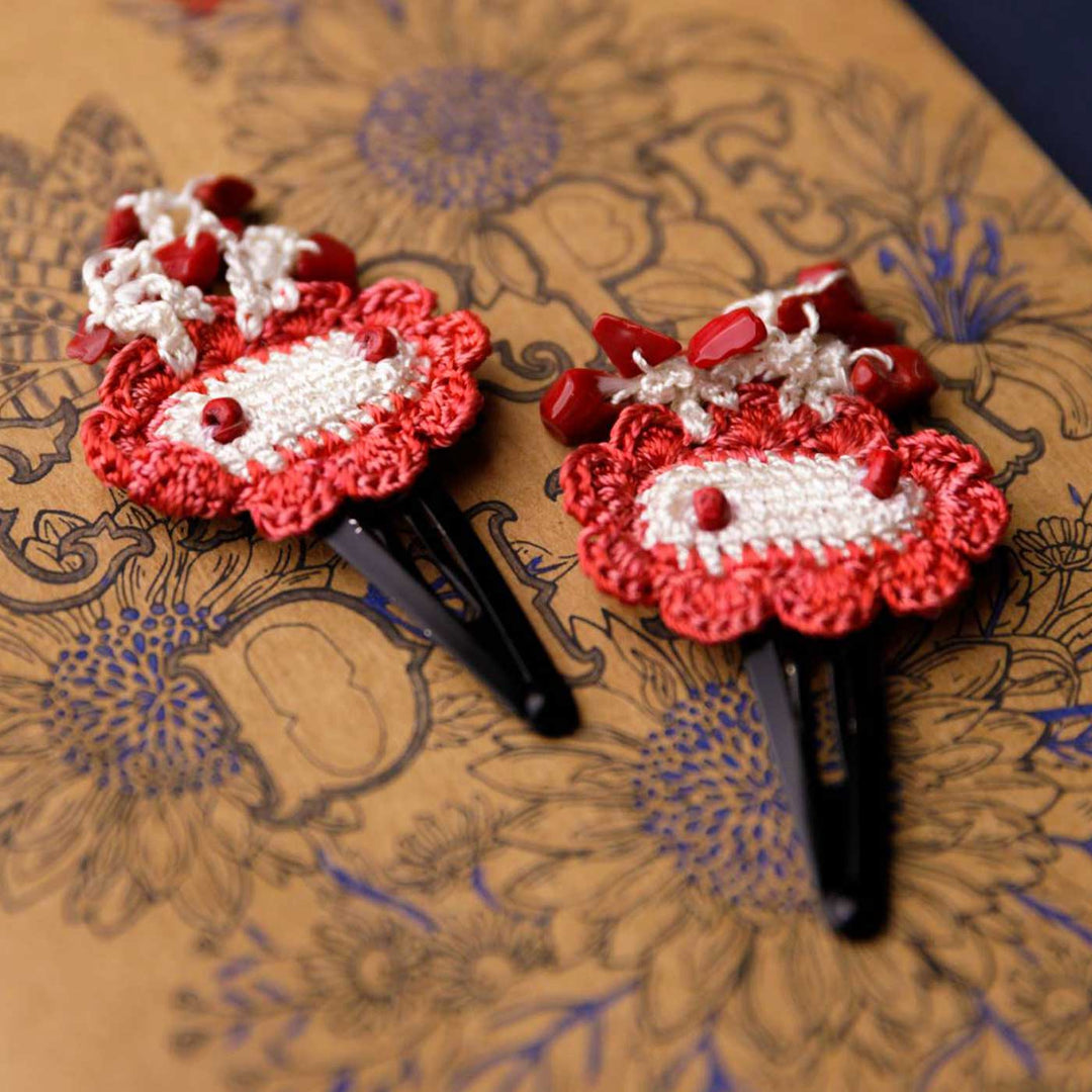 Handmade Red Clouds Flower Hair Clips | Set of 2