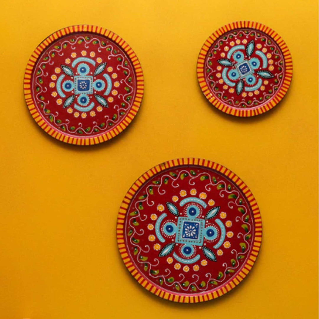 Hand-Painted Red Ornate Wooden Wall Plate | Set Of 3