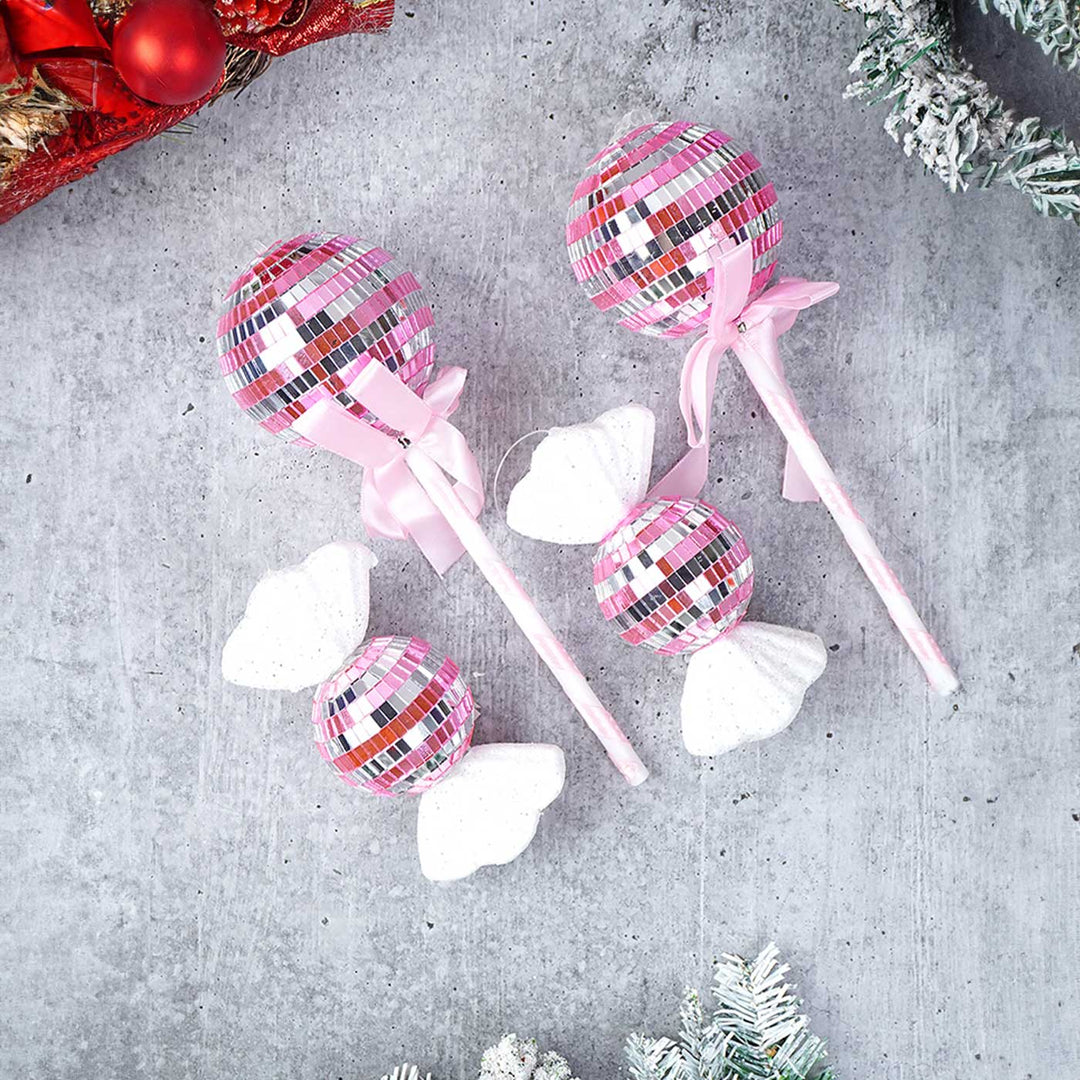 Handmade Pink Shiny Disco Themed Candy Shaped Ornaments For Christmas Tree Decoration | Set Of 4