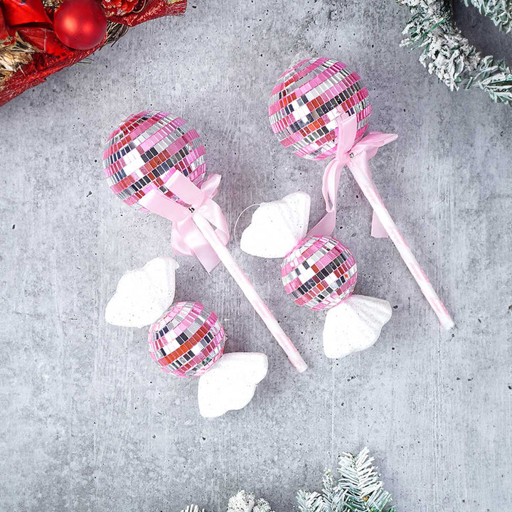 Handmade Pink Shiny Disco Themed Candy Shaped Ornaments For Christmas Tree Decoration | Set Of 4