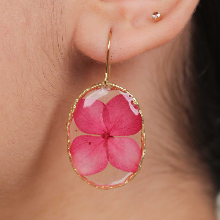 Handmade Preserved Flower Pink Hydrangea Brass Earrings