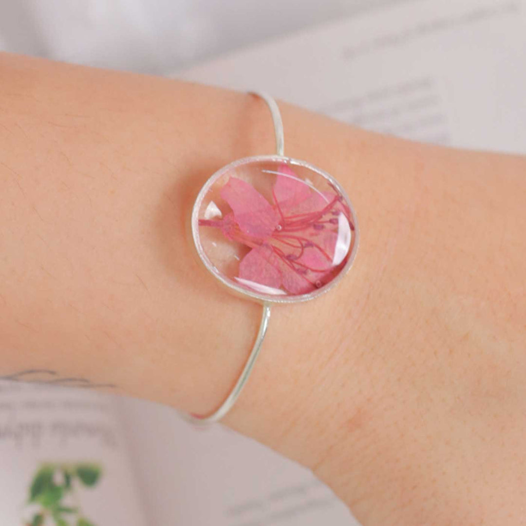 Handmade Pink Preserved Flower Brass Bangle