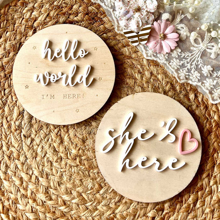 She's Here & Hello World Birch Wood Photo Prop For Newborn Photoshoot