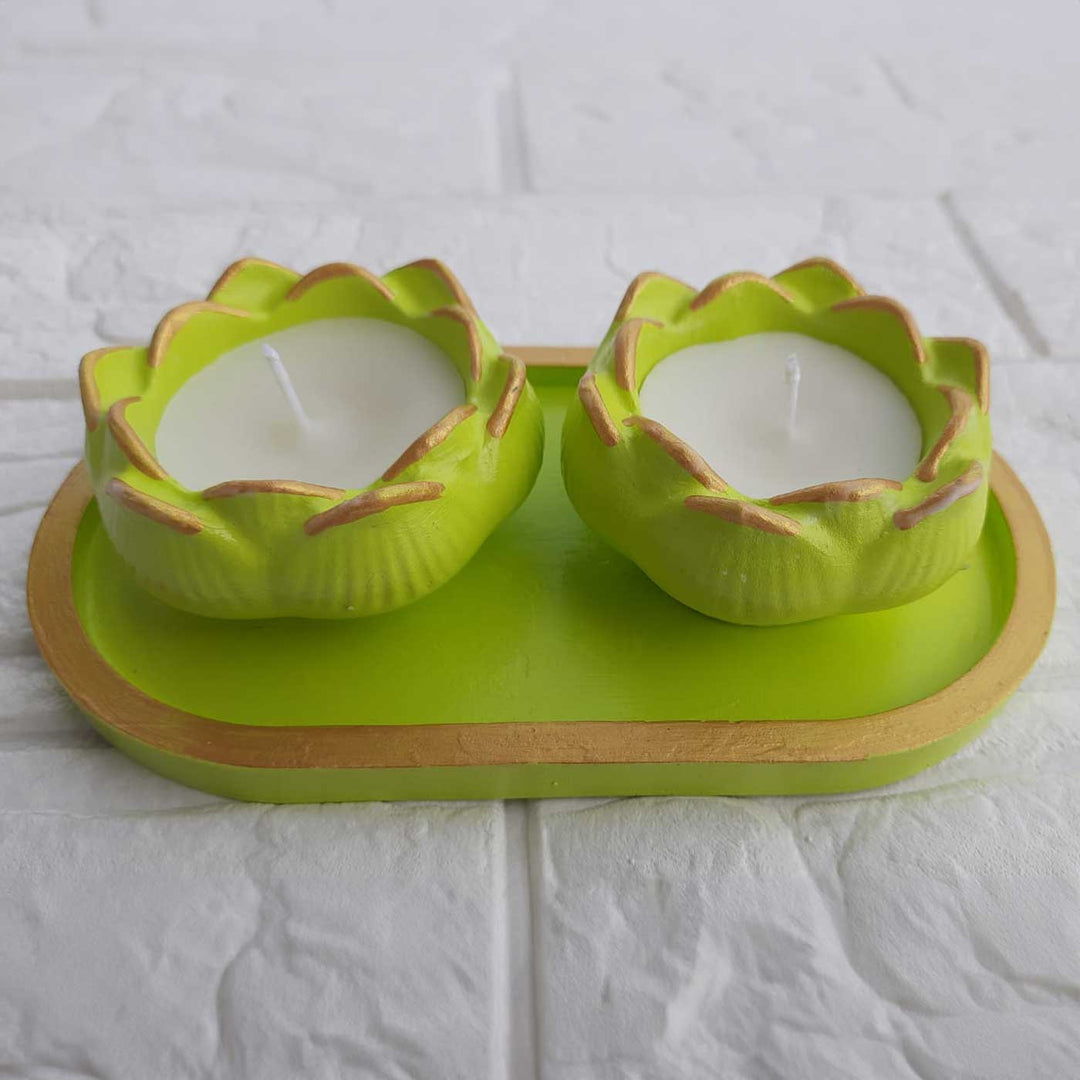 Handmade Green Lotus Candles With Trinket Tray | Set Of 2