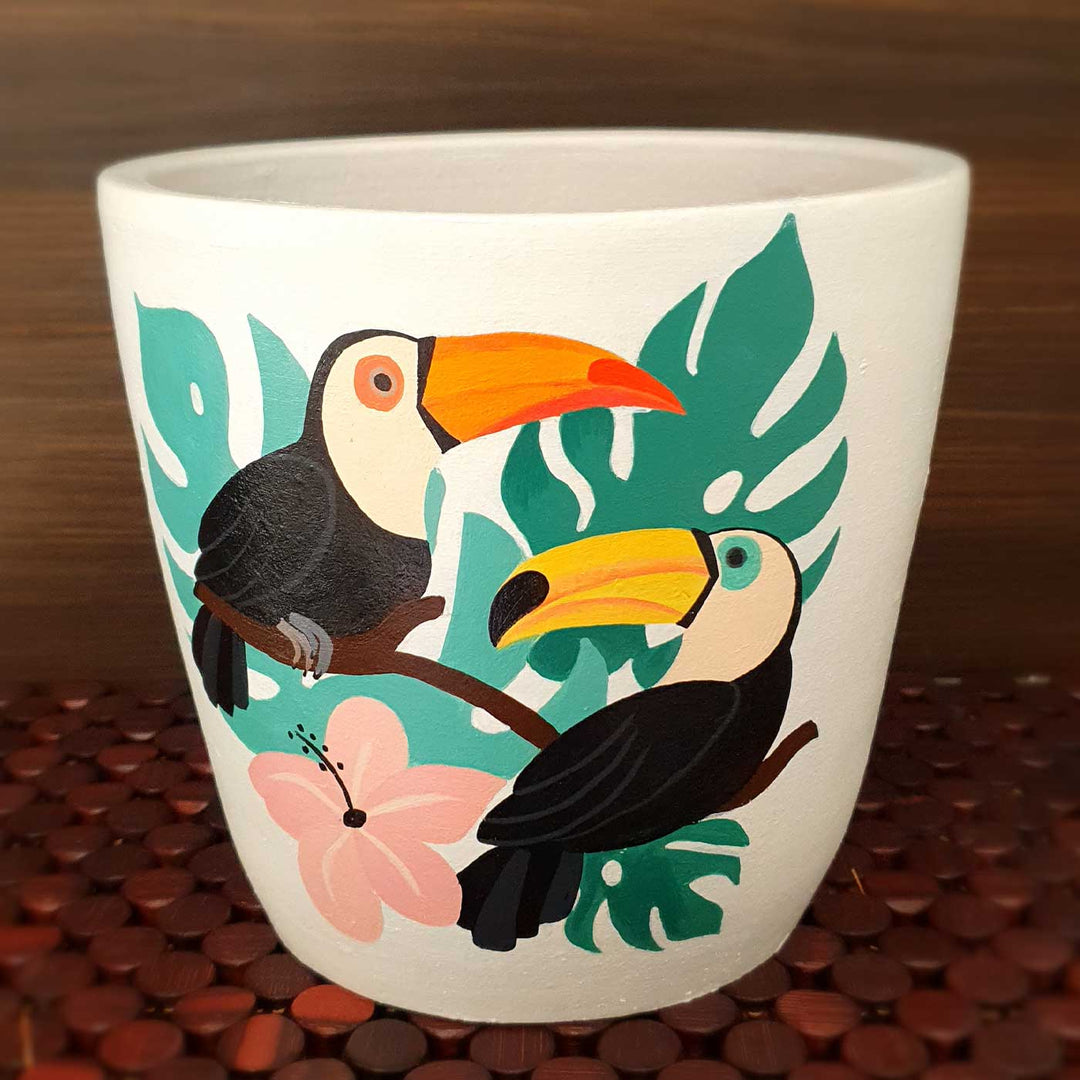 Hand-Painted White Toucan Terracotta Planter Pot