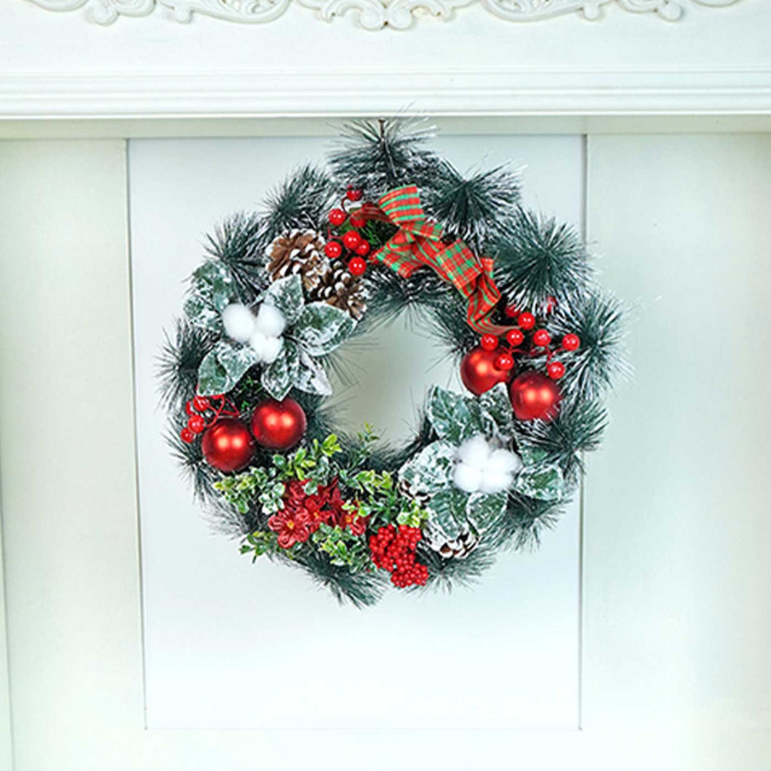 Checkered Bow Cotton Buds Wreath For Christmas Wall Decoration