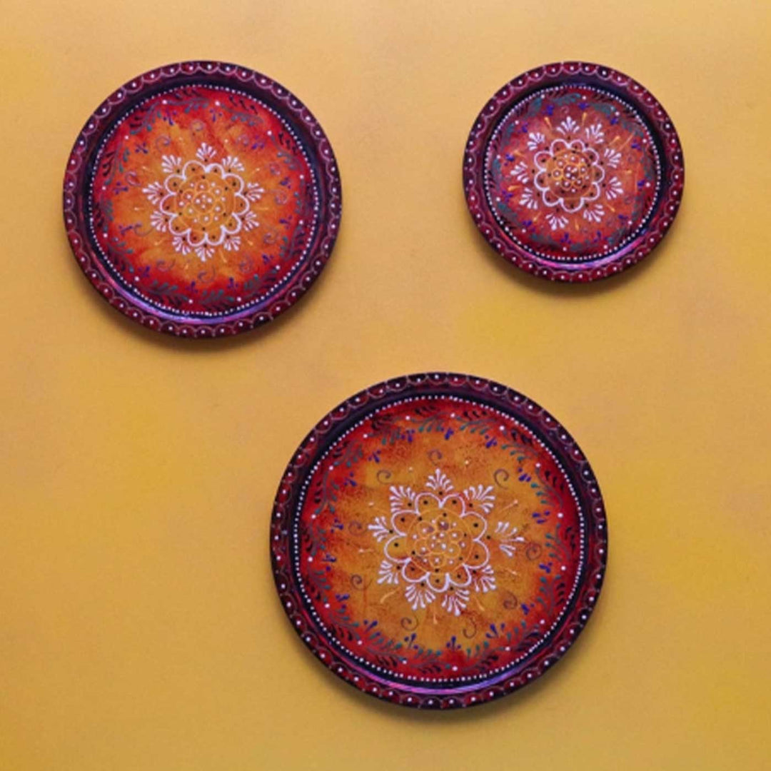 Hand-Painted Red Ornate Wooden Wall Plate | Set Of 3