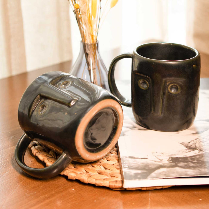 Black Sculpted Face Ceramic Mugs | Set Of 2