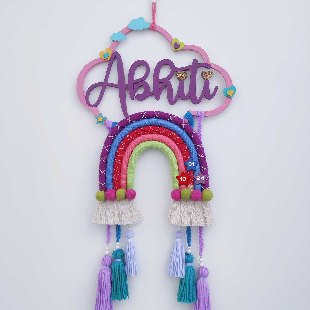 Personalized Handmade Macrame Cloud Rainbow & Tassels Kids Name Plate With 3D Letters