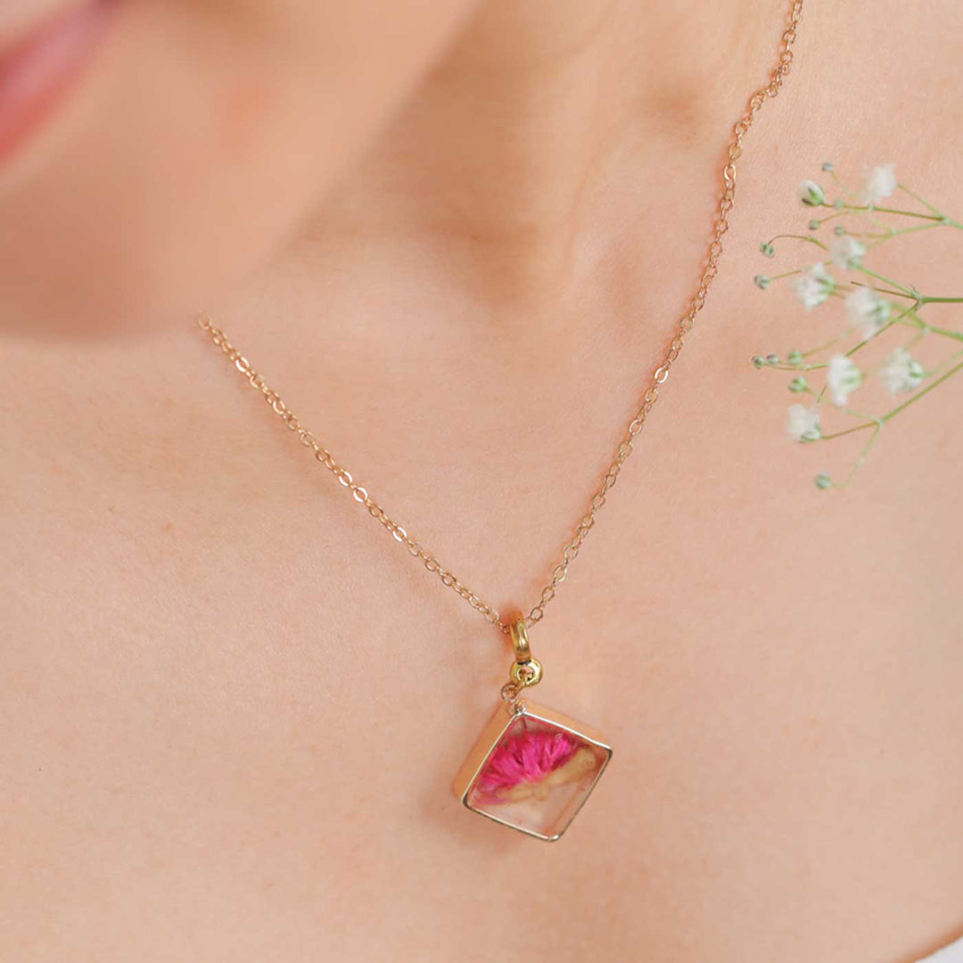 Handmade Preserved Flower Globe Amaranth Brass Necklace