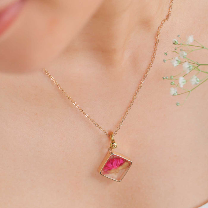 Handmade Preserved Flower Globe Amaranth Brass Necklace