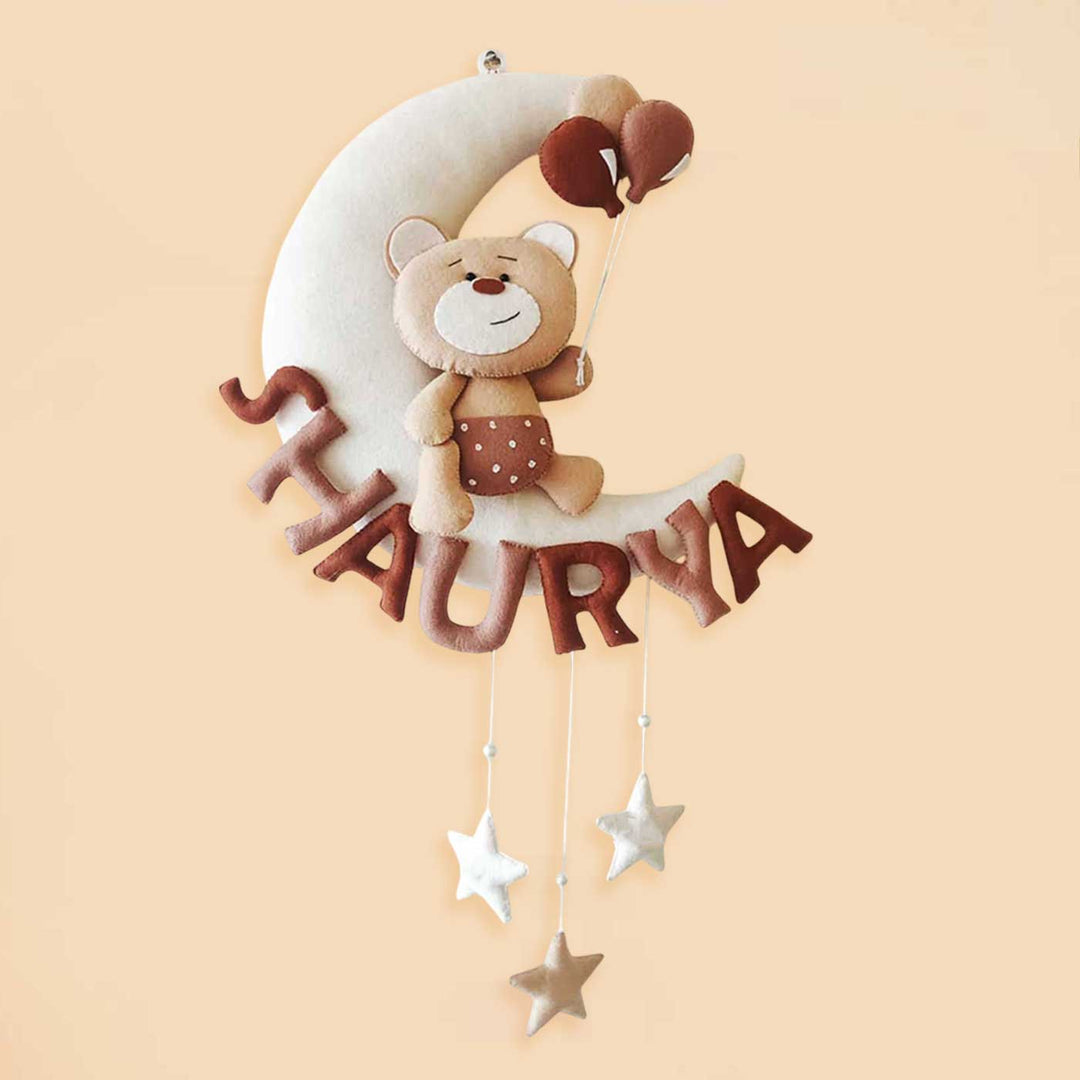 Hand-stitched Teddy Themed Felt Moon Nameplate with Birthdate For Kids