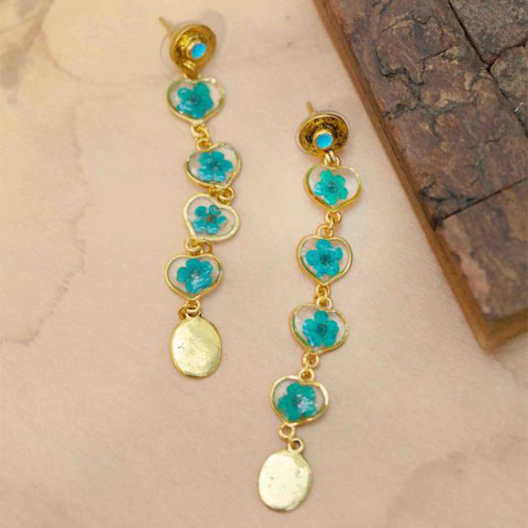 Handmade Preserved Flower Blue Cascade Brass Earrings