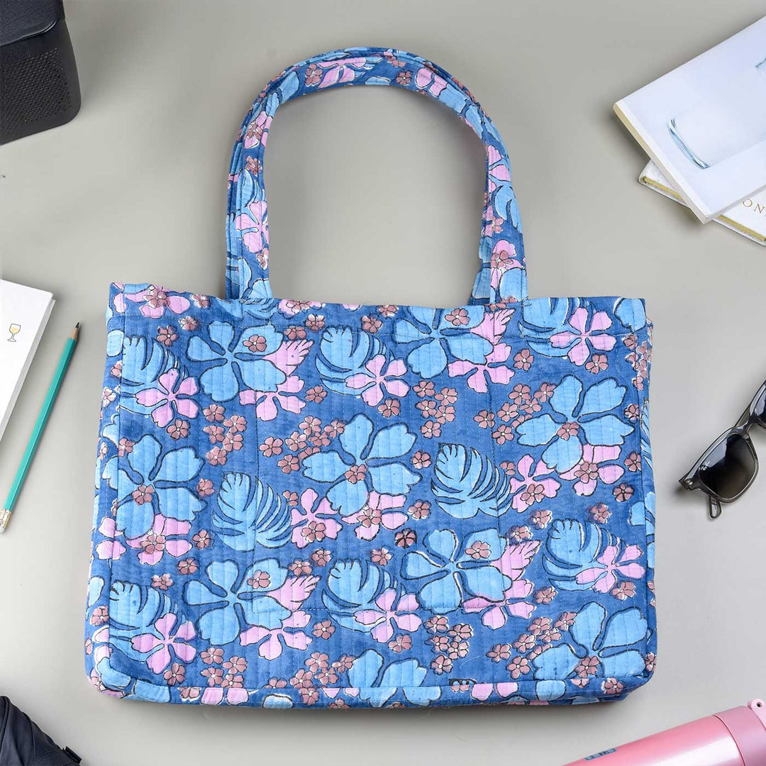 Block Printed Floral Breeze Convertible Quilted Cotton Tote Bag