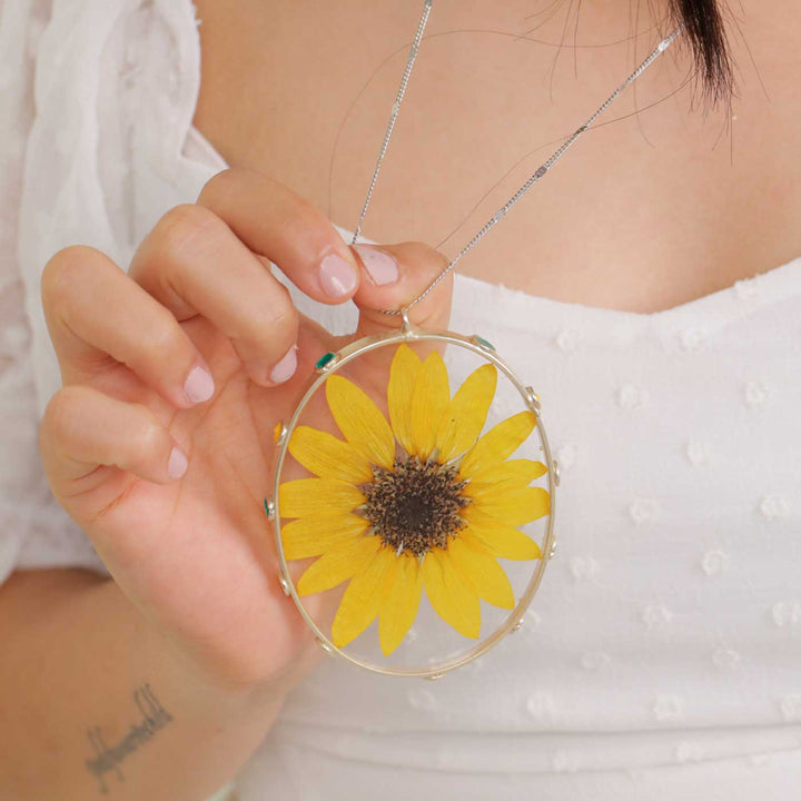 Handmade Preserved Sunflower Statement Brass Necklace