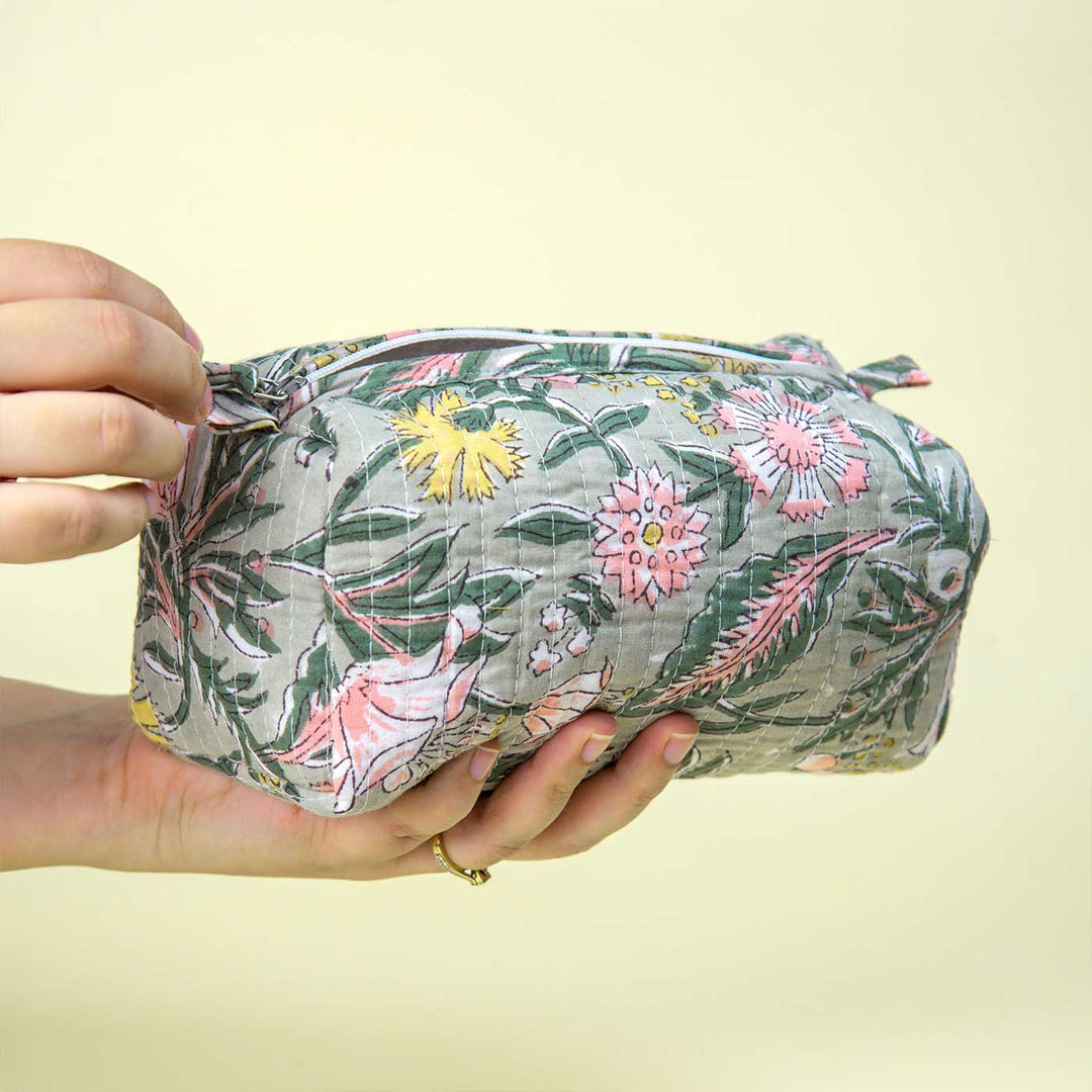 Handmade Block Printed Forest Bloom Quilted Cotton Toiletry Pouch