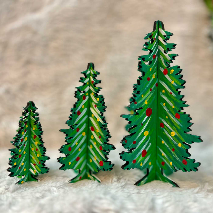 Hand-Painted Pine Tree Wooden Table Decor for Christmas Decoration | Set Of 3