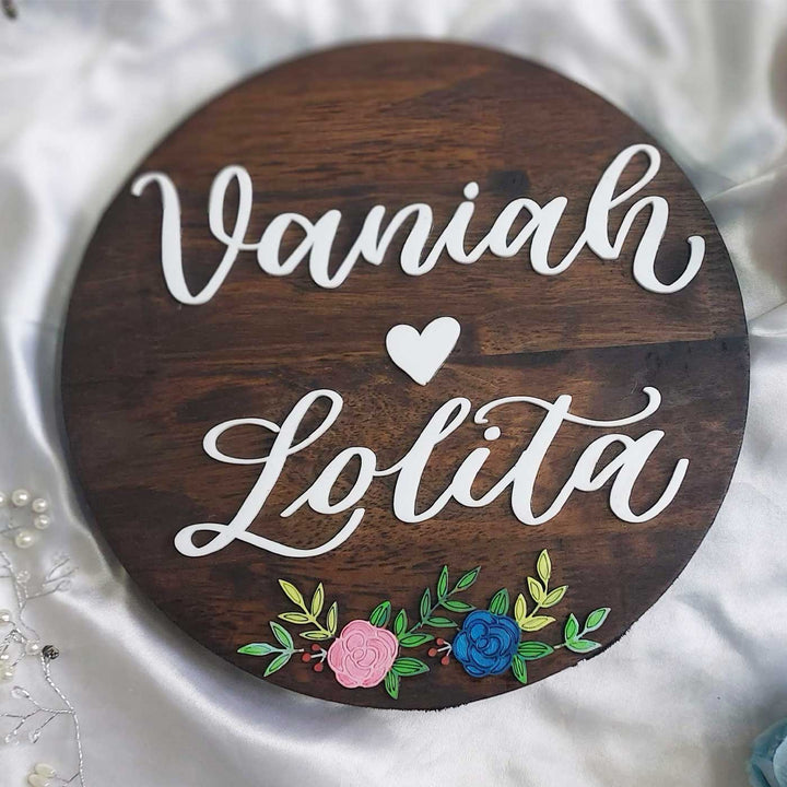 Personalized Round Floral Theme Wooden Name Plate