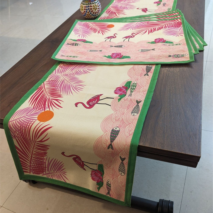 Printed Madhubani Flamingo Habitat Table Runner & Mat Set