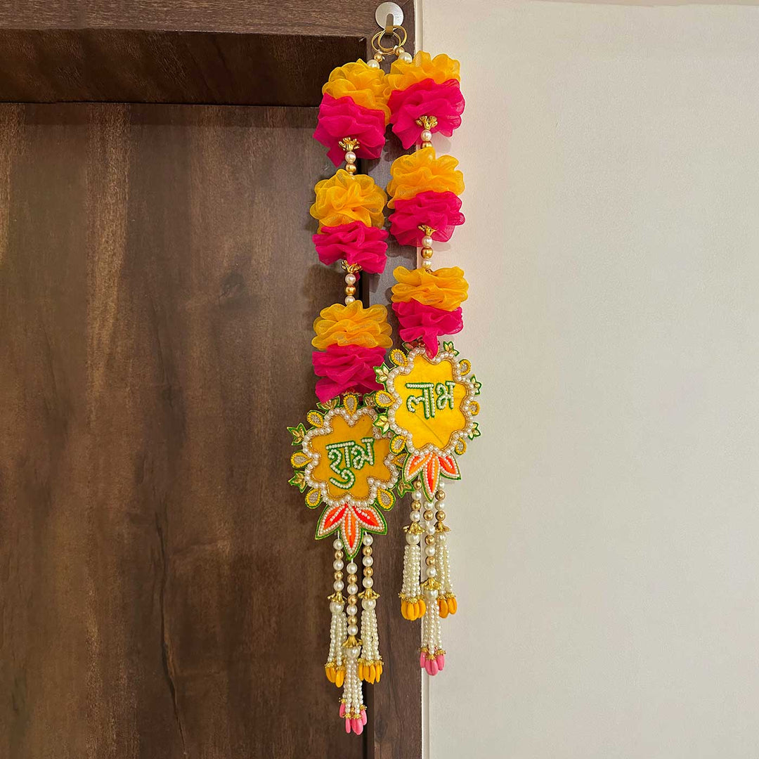 Handmade Yellow And Pink Tissue Flower Shubh Labh Hanging