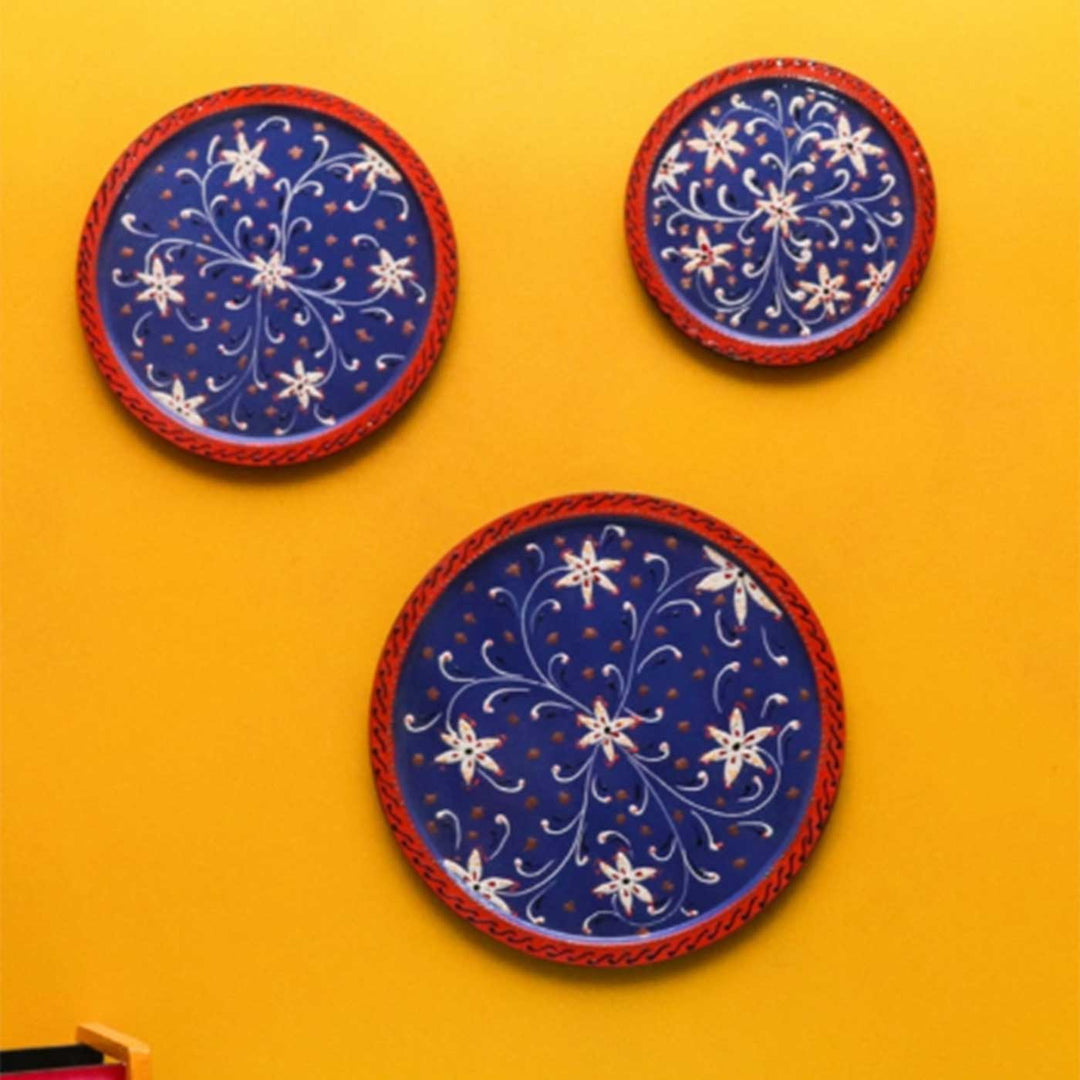 Hand-Painted Dark Blue Ornate Wooden Wall Plate | Set Of 3