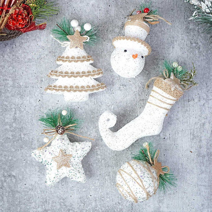 Handmade White Glitter Ornaments For Christmas Tree Decoration | Set Of 5