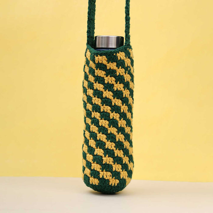 Handmade Crochet Checkered Water Bottle Tote