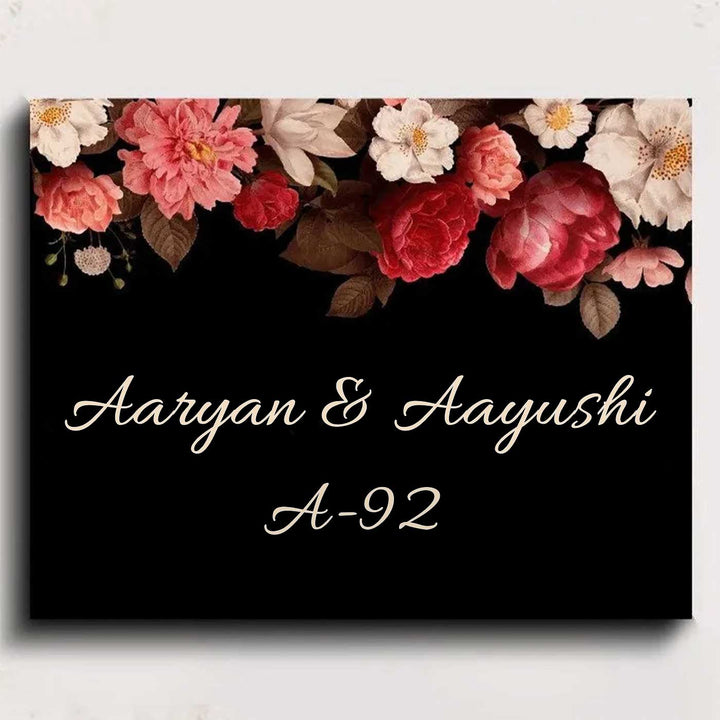 Printed Black Floral Wooden Rectangle Nameplate