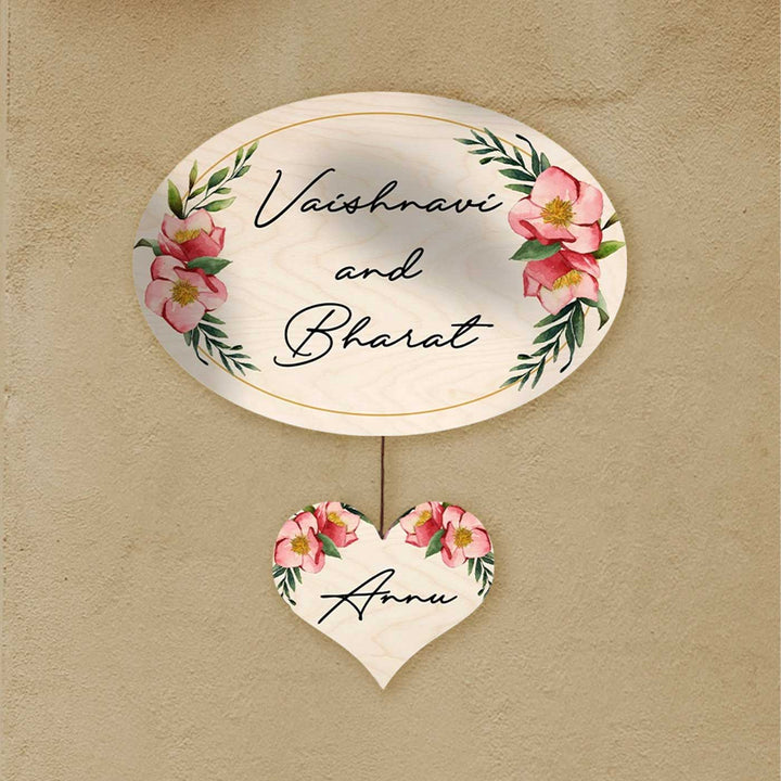 Printed Floral Wooden Oval Nameplate For Couples