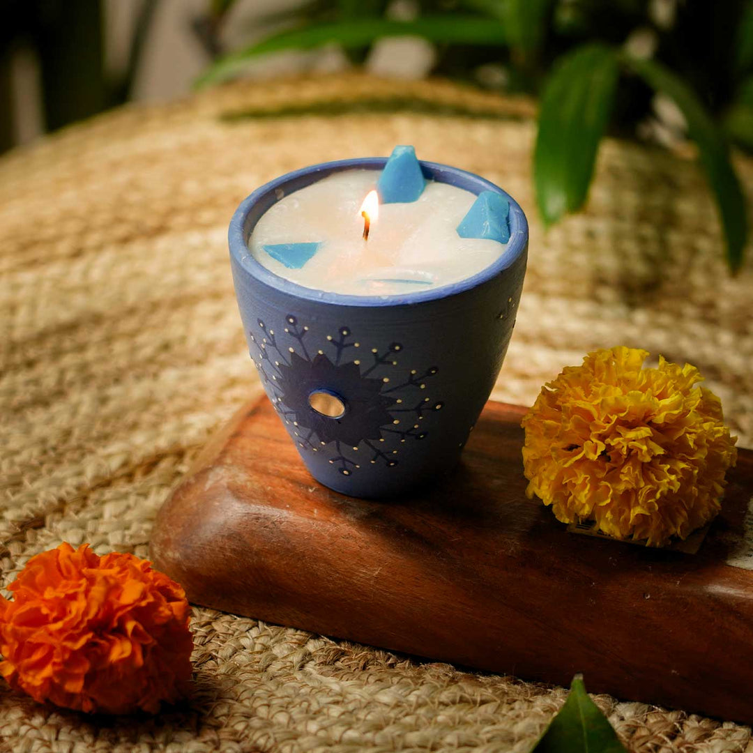 Hand-Painted Scented Blue Terracotta Candle