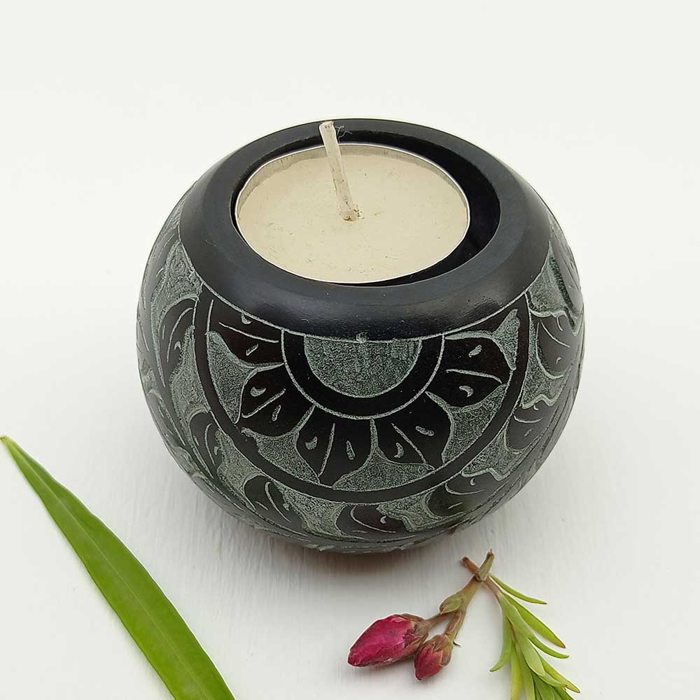 Handmade Black Aala Round Shape Candle Holder | Set of 2