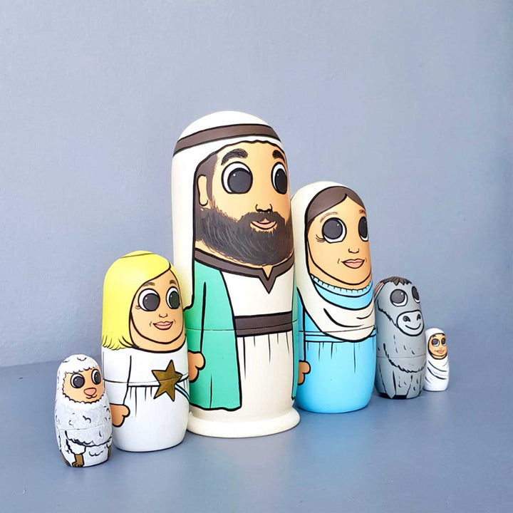 Hand-Painted Nativity Crib Nesting Wooden Dolls For Christmas Decoration | Set Of 6