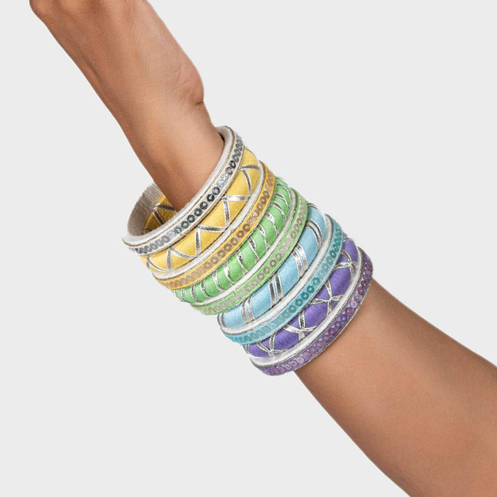 Multicolour Handcrafted Mahi Sequence Work with Gotapatti Colourful Thread Bangles | Set of 9