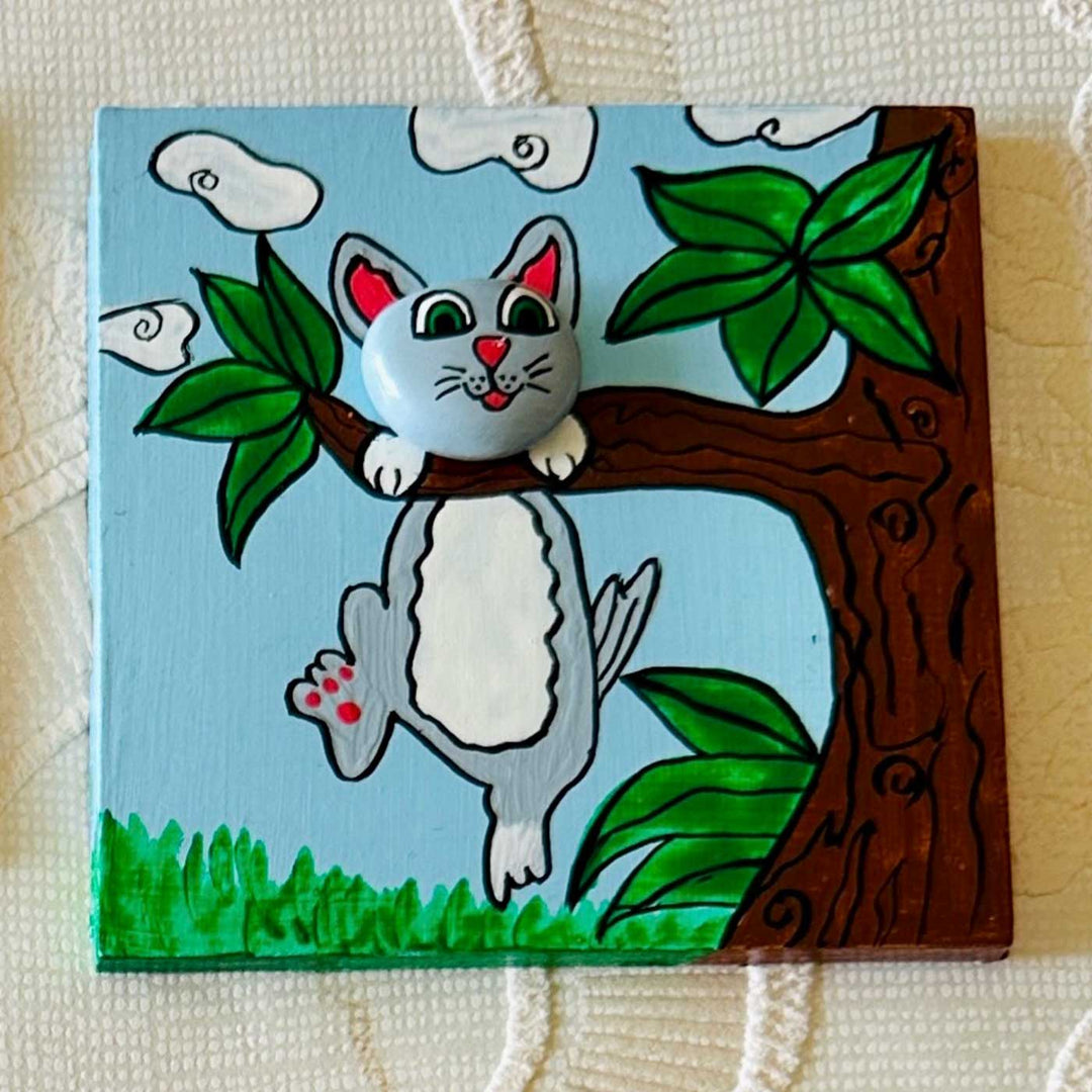 Hand-Painted Pebble Art Cat Theme Wooden Fridge Magnet