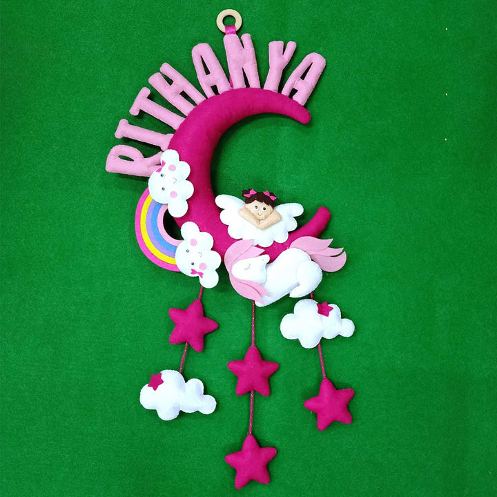 Personalized Handmade Angel & Unicorn on Moon Felt Kids Name Plate with Birthdate