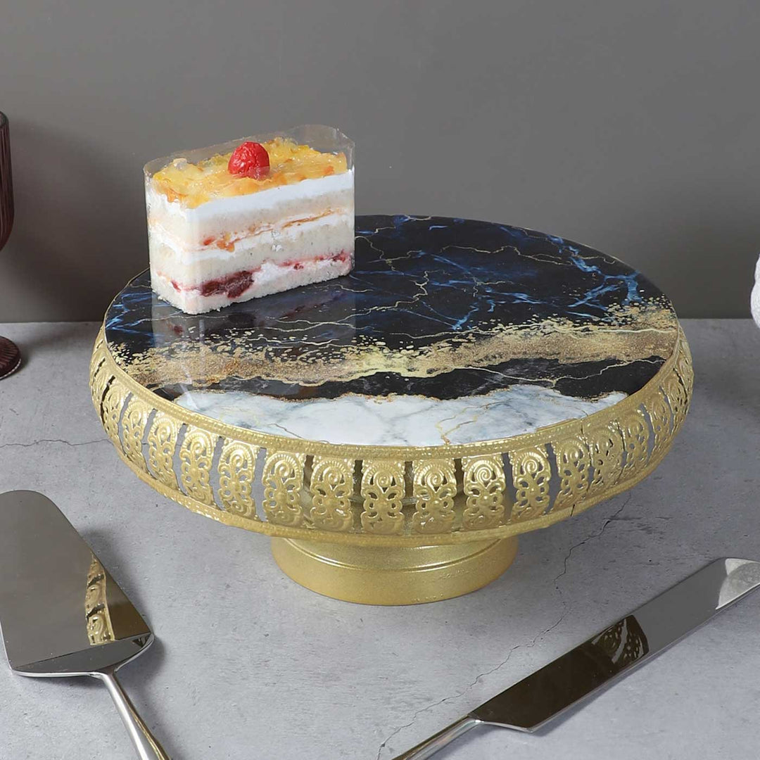 Handmade Blue & Gold Metal Cake Platter With Knife & Server