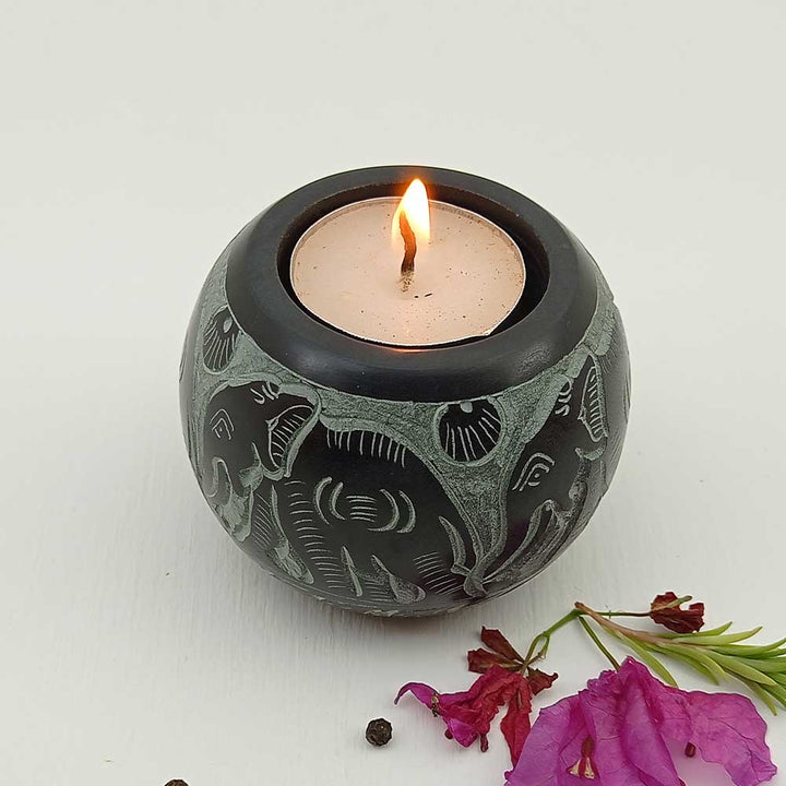 Handmade Black Almas Round Shape Candle Holder | Set of 4