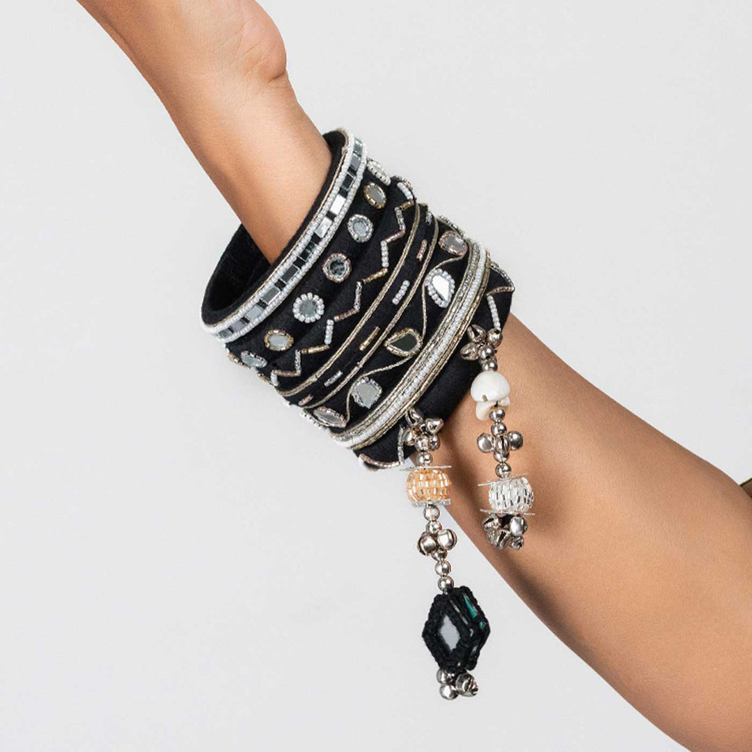 Black & Silver Handcrafted Rachana Mirror & Bead Bangles With Hanging | Set of 7