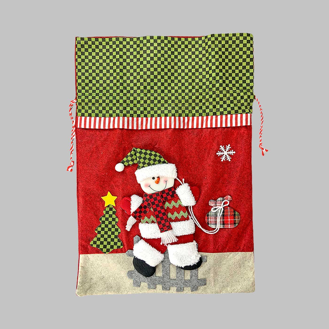 Handmade Snow Red & Green Checks Plush Fabric Gift Sacks For Christmas Decoration