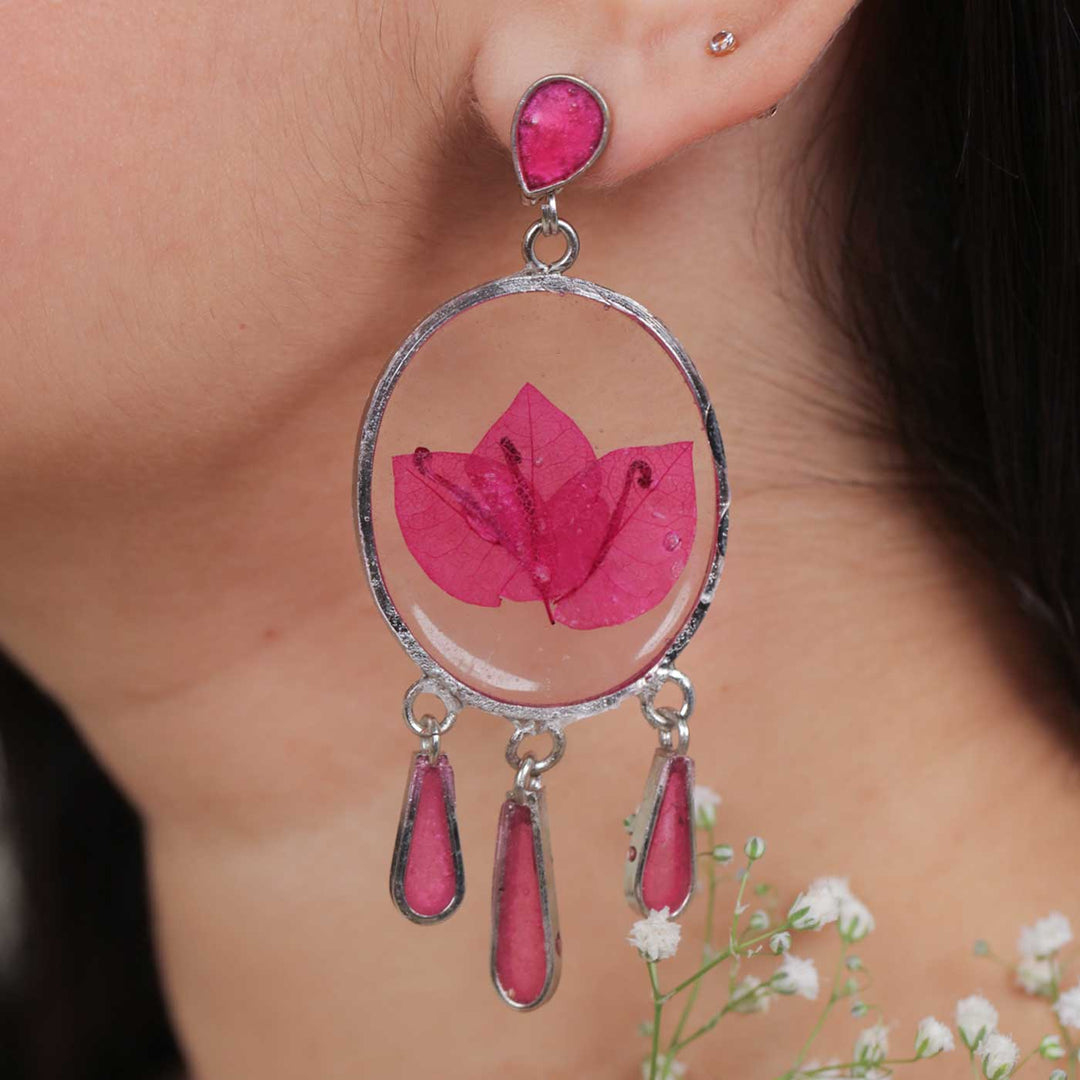 Handmade Preserved Flower Pink Bougainvillea Chandelier Brass Earrings