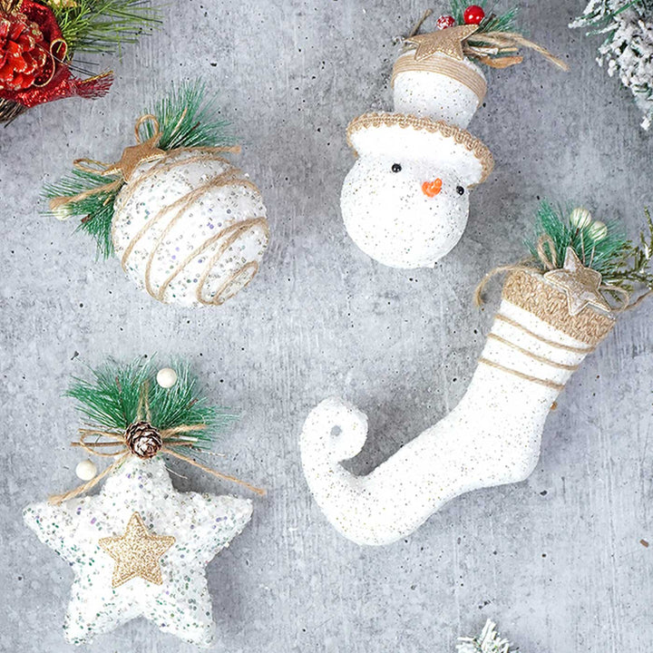 Handmade Glitter Jute Snowy Elf Themed Ornaments For Christmas Tree Decoration | Set Of 4