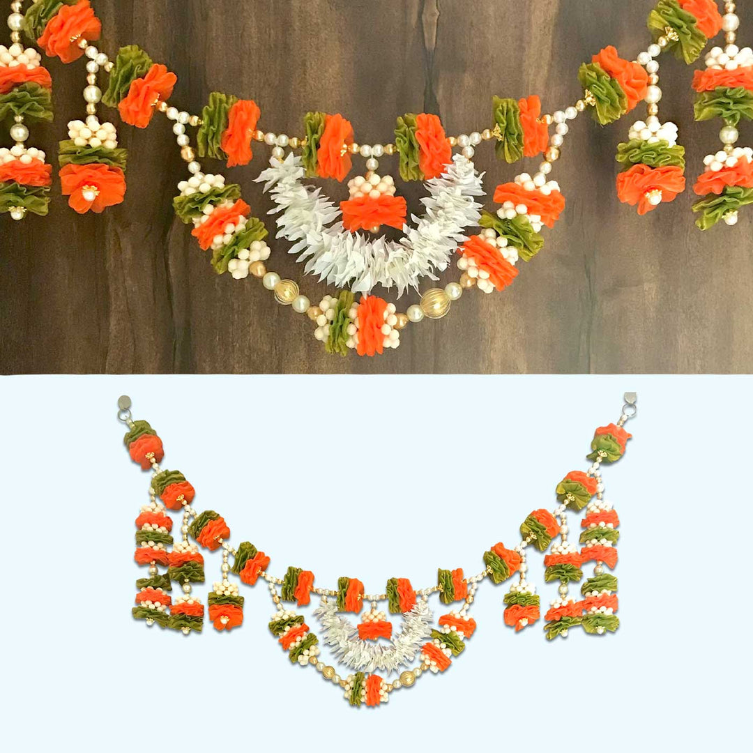 Handmade Decorative Orange And Green Tissue Flower Toran