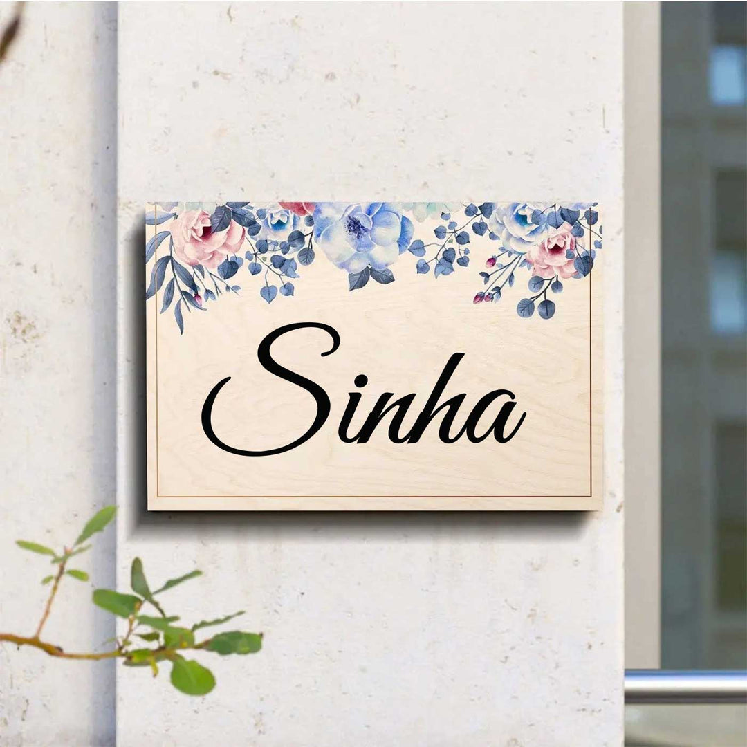 Printed Blue Spring Floral Wooden Rectangle Nameplate