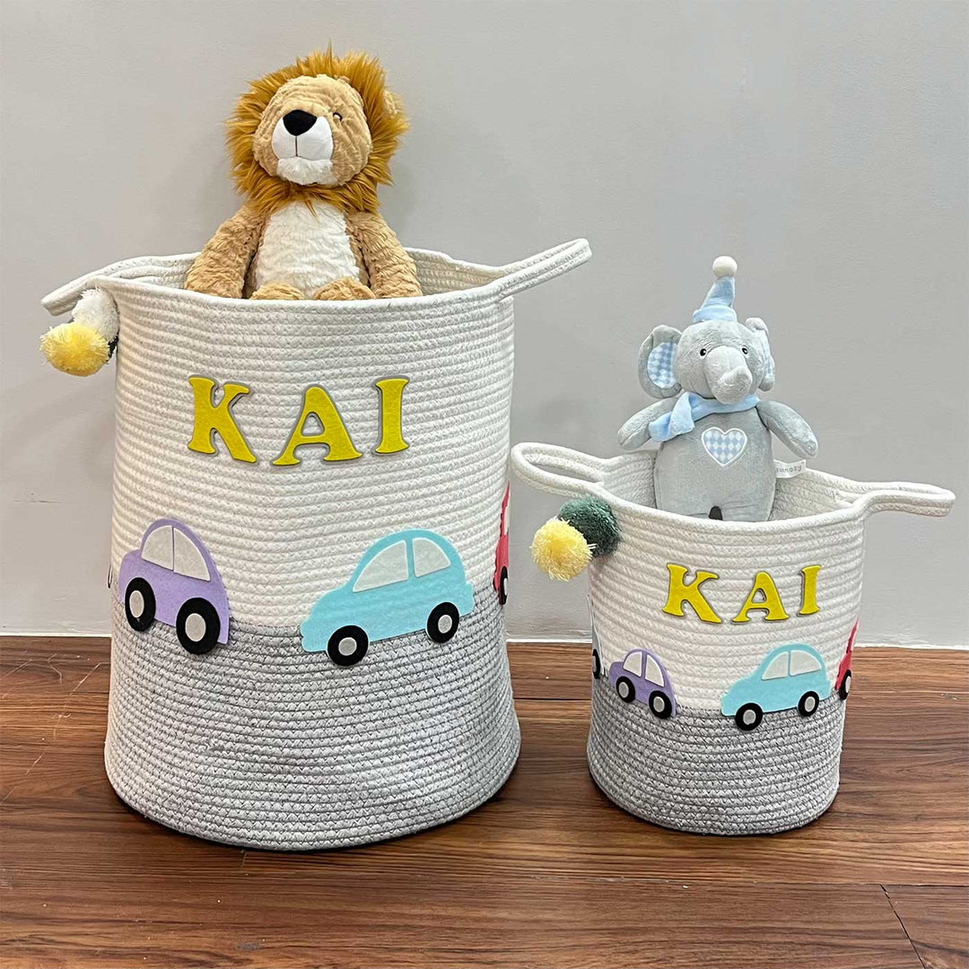 Personalized Handmade Vintage Vroom Jute Basket For Kids