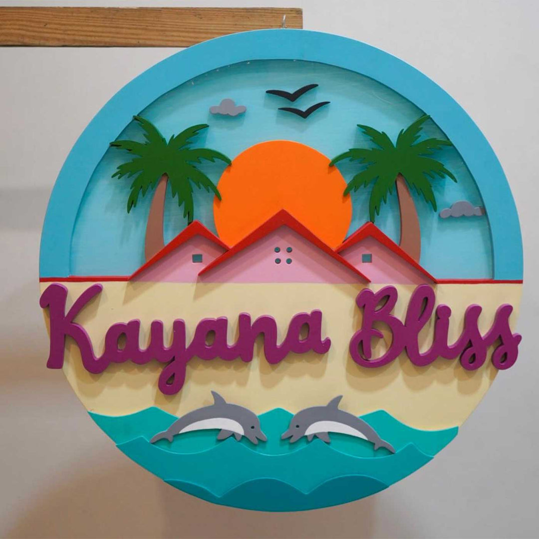 Personalized Beach Theme MDF Wood Round Name Plate With Back Light